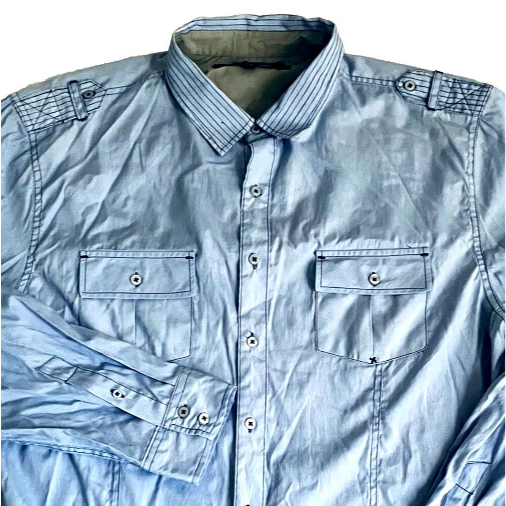 CJ Black Rue 21 Shirt Stripe Roll Sleeve Epaulettes Blue XL XXL Preppy Y2K 1990s